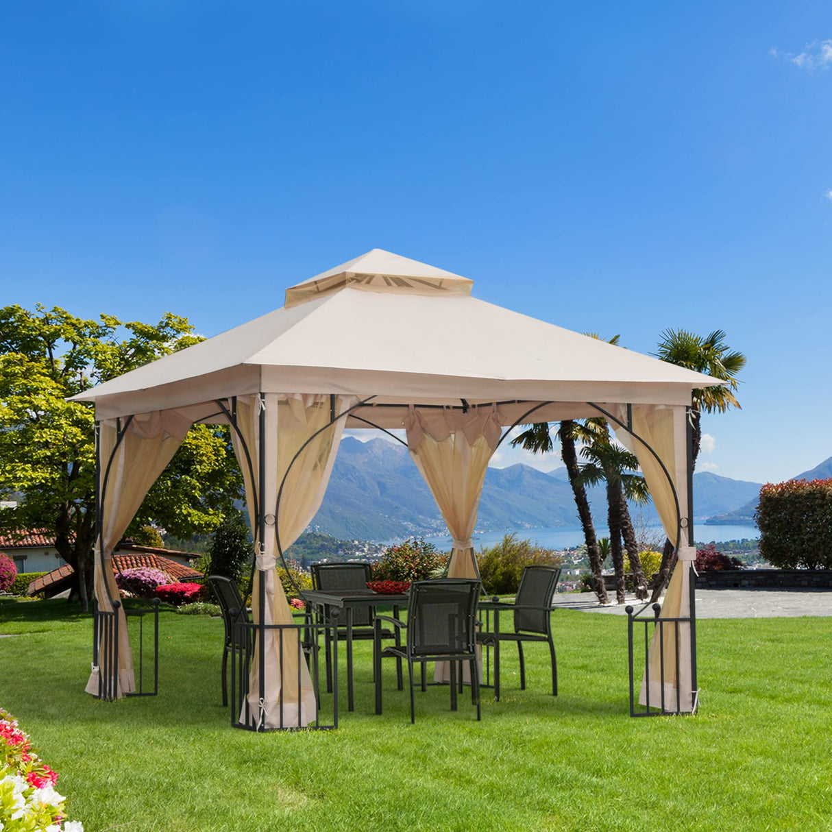 Outsunny 10' x 10' Patio Gazebo, Double Roof Outdoor Gazebo Canopy Shelter with Netting, Steel Corner Frame for Garden, Lawn, Backyard and Deck, Beige Outsunny