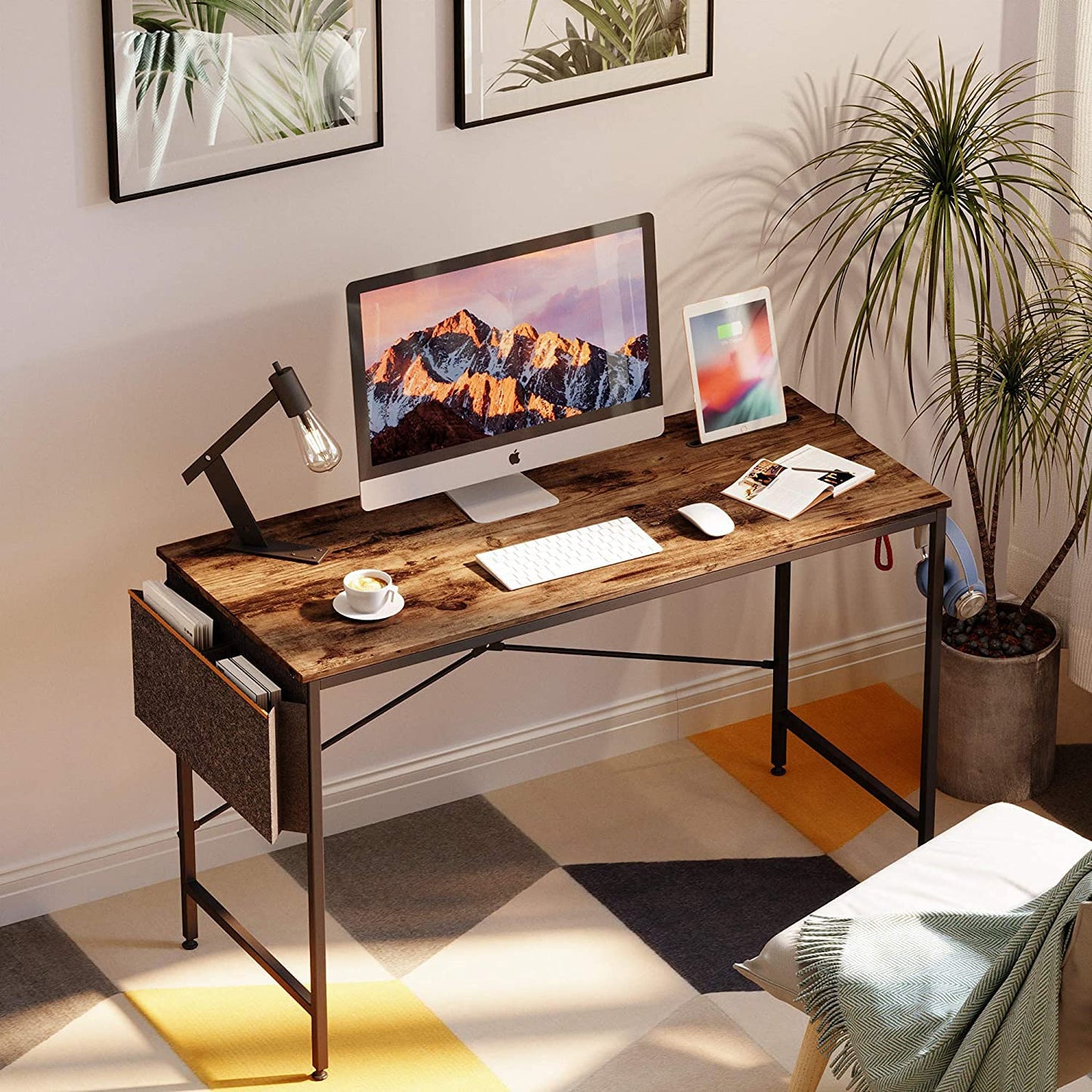 Bestier 47 Inch Modern Simple Style Portable Table Home Office Engineered Wood Desktop Mount Computer Desk w/Storage Bag and Iron Hook, Rustic Brown