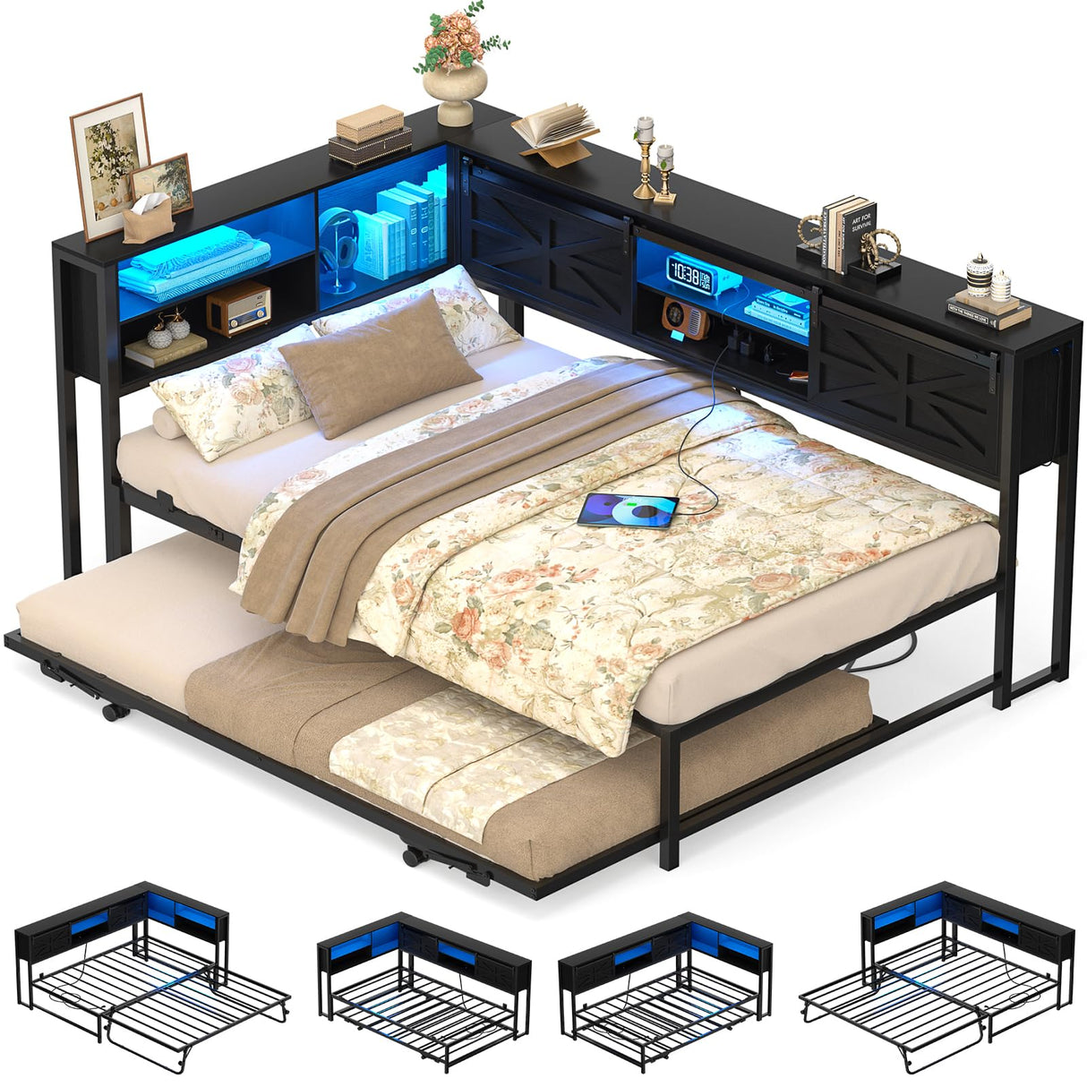 Homieasy Daybed with Pop Up Trundle, Corner Twin Bed Frame with Charging Station & LED, Reversible Twin Day Bed with Storage Bookcase Headboard for Bedroom, Living & Guest Room, Black Homieasy