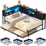 Homieasy Daybed with Pop Up Trundle, Corner Twin Bed Frame with Charging Station & LED, Reversible Twin Day Bed with Storage Bookcase Headboard for Bedroom, Living & Guest Room, Black Homieasy