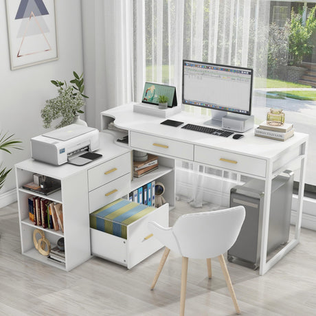 L Shaped Desk with 5 Drawers Modern Executive Desk Wood Home Office Desk with Adjustable Shelves, 55 Inch Large Computer Desk Writing Table with File Storage Cabinet for Home Office Halitaa