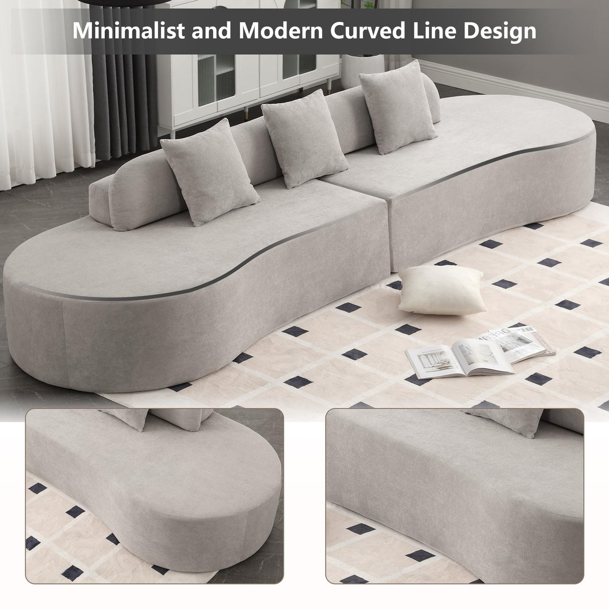 Suheww 130.5” Modern Curved Sofa, Sectional Curved Sofa Modern Sectional Curved Sofa, 4-Seater Oversized Terrycloth Fabric Sofa with 3 Pillows for Living Room Apartment(Gray) Suheww