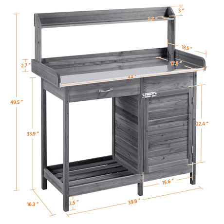 Yaheetech Outdoor Potting Bench Table, Garden Workstation w/Metal Tabletop/Cabinet Drawer/Open Top/Lower Shelf/Handy Hooks for Horticulture,Gray Yaheetech