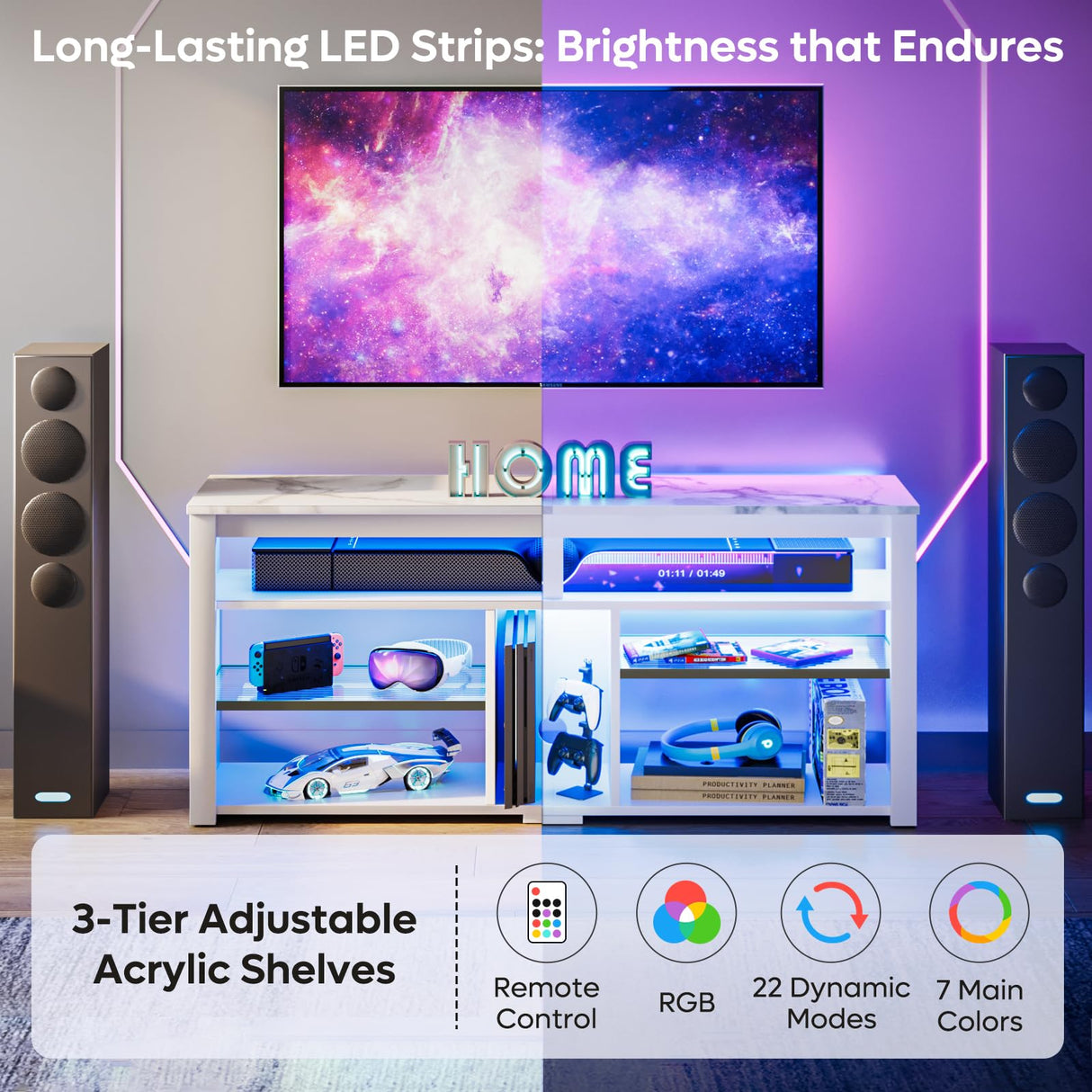 Bestier LED Tall Entertainment Center, 55 inch TV Stand for 55/60/65 inch TV, TV Console with Storage for PS5, Media TV Cabinet with Adjustable Shelf for Living Room, White Marble Bestier