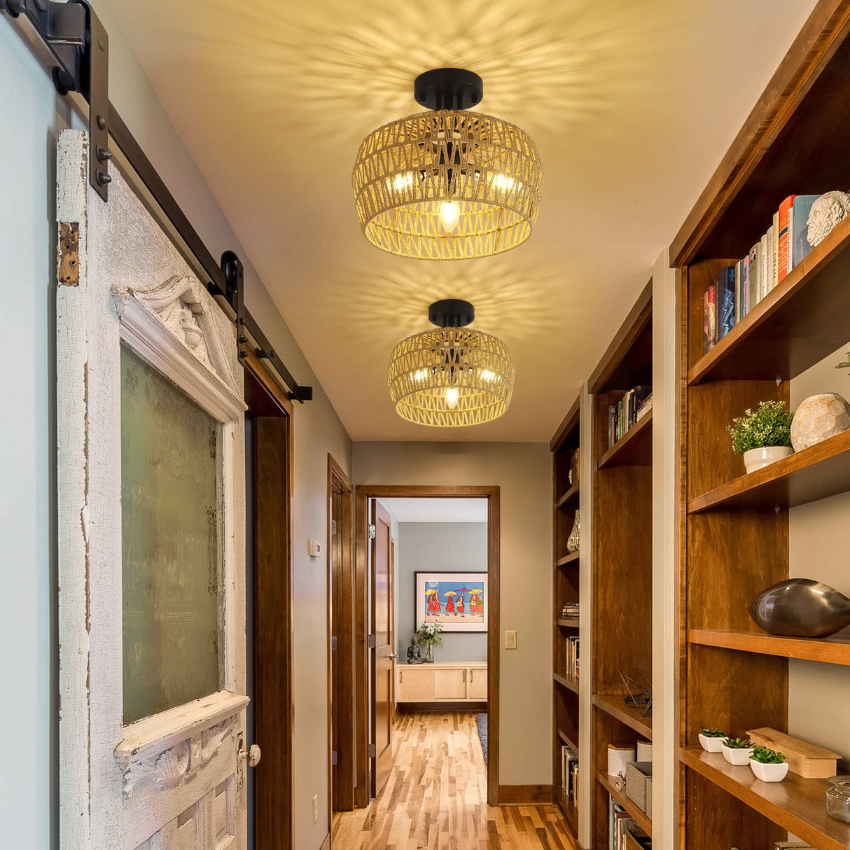 HMVPL Semi Flush Mount Ceiling Light, Rattan Light Fixture Ceiling Mount with Handmade Wicker Lampshade, 3-Lights Boho Chandelier, Woven Close to Ceiling Light for Bedroom Hallway Living Room Kitchen HMVPL