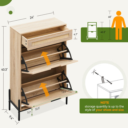 coucheta Natural Rattan 2 Flip Down with 1 Drawer Free-Standing Shoe Rack, Shoe Cabinet Wood Organizer Freestanding with 3-Tier Adjustable Shelves for Entryway Hallway Doorway (Oak Color) - WoodArtSupply