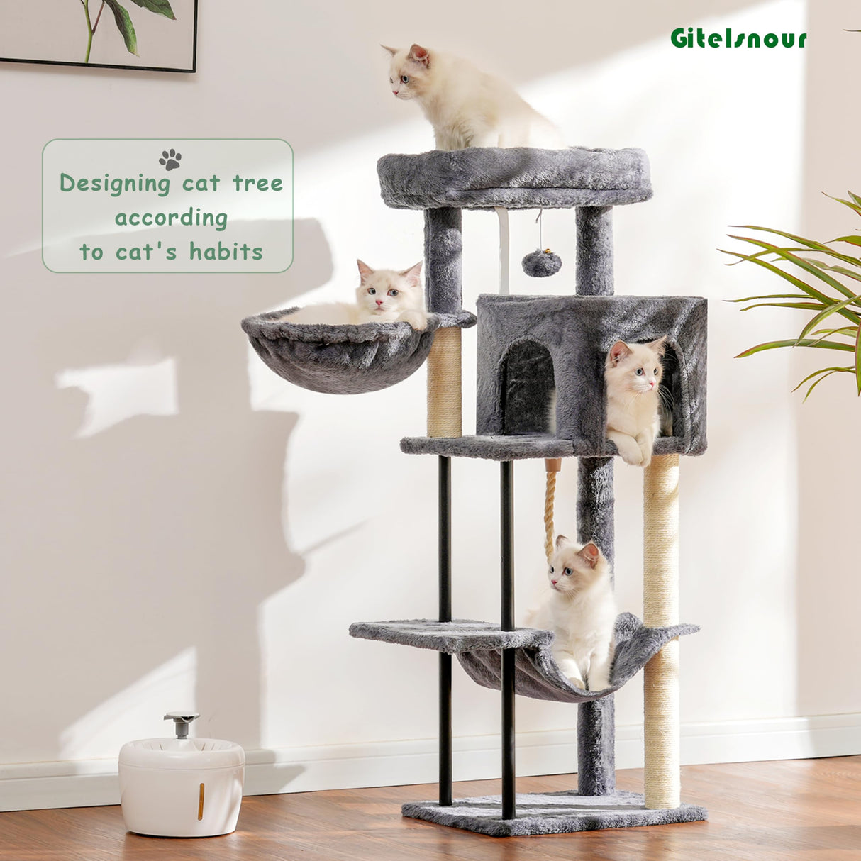 Gitelsnour Cat Tree, Cat Tower for Indoor Cats, 43.3 inch Cat Tree Tower with Sturdy Steel Tube, Cat Hammock, Cat Condo for Small Cats and Kittens, Cat Scratching Post, Smoky Gray GCT004SG Gitelsnour