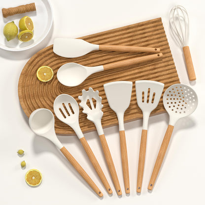 Silicone Cooking Kitchen Utensils Set, AIKKIL 28PCS White Cooking Utensils Set with Wooden Handles, Tongs, Spatula, Pasta Server, Kitchen Gadgets Tools Set For Non-Stick Cookware(BPA Free)