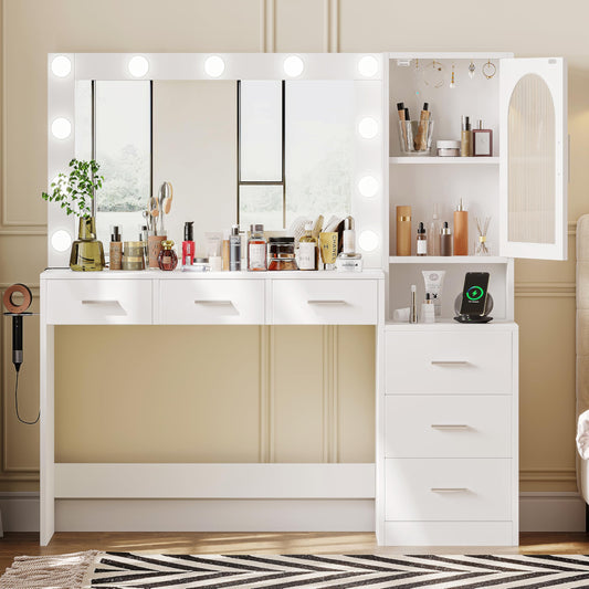 Rovaurx 50.6" Vanity Desk with Mirror and Lights, Large Makeup Vanity Table with 6 Drawers and Charging Station, Side Cabinet, Dressing Table for Bedroom, White RSZT115W - WoodArtSupply