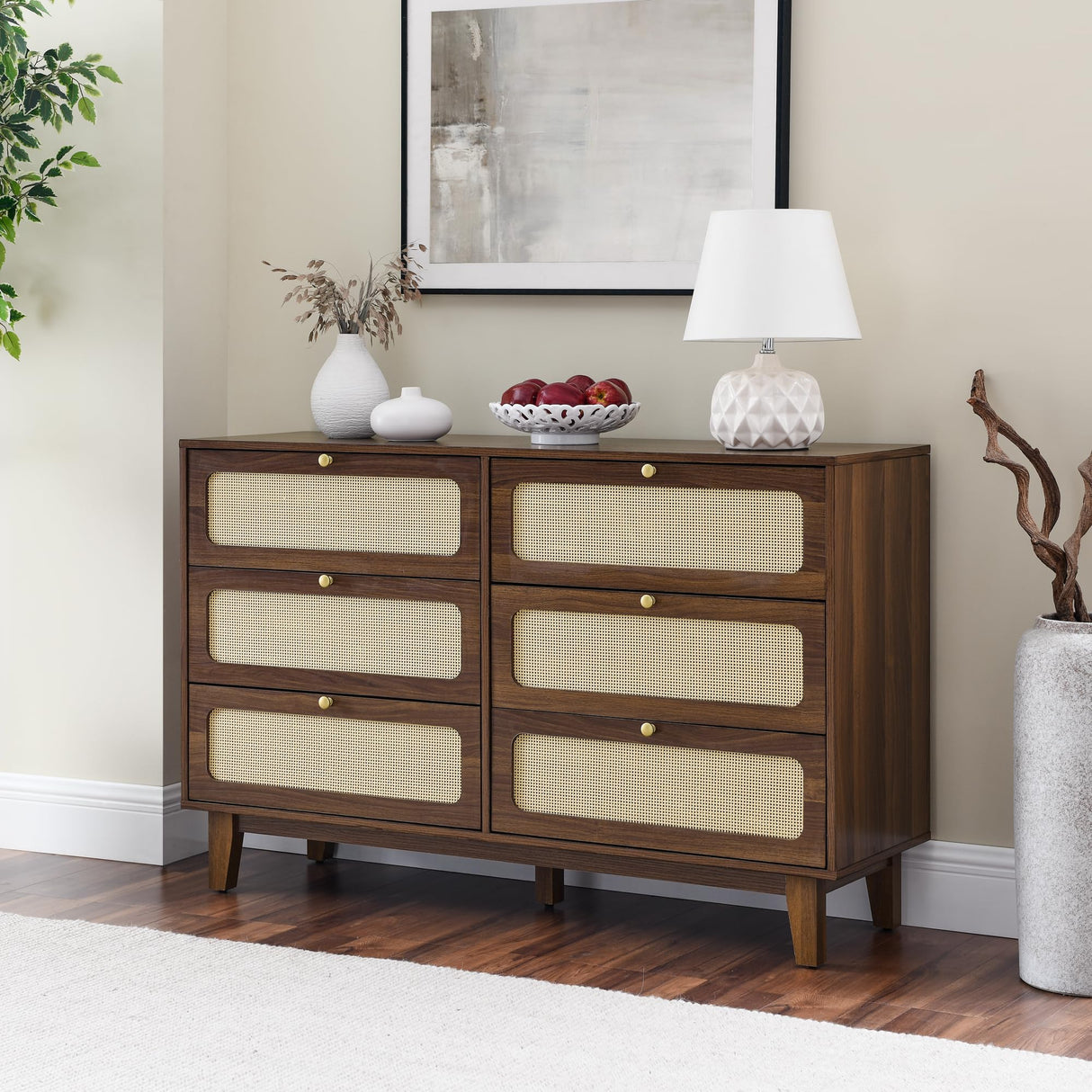 NicBex Rattan Dresser for Bedroom with 6 Drawers,Modern Cannage Rattan Wood Closet Chest of Drawers,Rattan Storage Dresser for Closet, Bedroom,Living Room,Hallway,Natural Walnut NicBex
