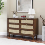 NicBex Rattan Dresser for Bedroom with 6 Drawers,Modern Cannage Rattan Wood Closet Chest of Drawers,Rattan Storage Dresser for Closet, Bedroom,Living Room,Hallway,Natural Walnut NicBex