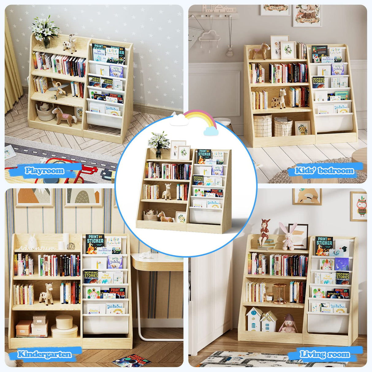 HedoAjim 4 Tier Kids Wooden Bookshelf,Five Layer Sling Children Bookcase,Baby Storage Book Rack,Book and Toy Organizer Cabinet Chest,Book Display Shelf,Playroom Nursery Classroom Library HedoAjim