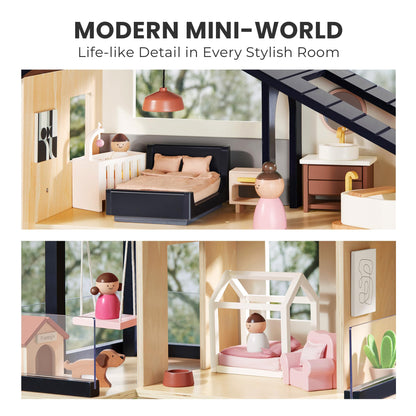 Tiny Land Doll House, Modern Family Dollhouse with Realistic Design, Wooden Dollhouse with 53Pcs Furniture - Ideal Gift for Kids Ages 3+