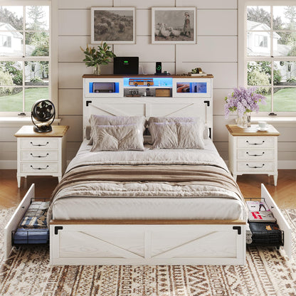 Hasuit Full Size Farmhouse Bed Frame with Bookcase Headboard, Sliding Door, LED Lights, and Storage Drawers in White & Brown - WoodArtSupply