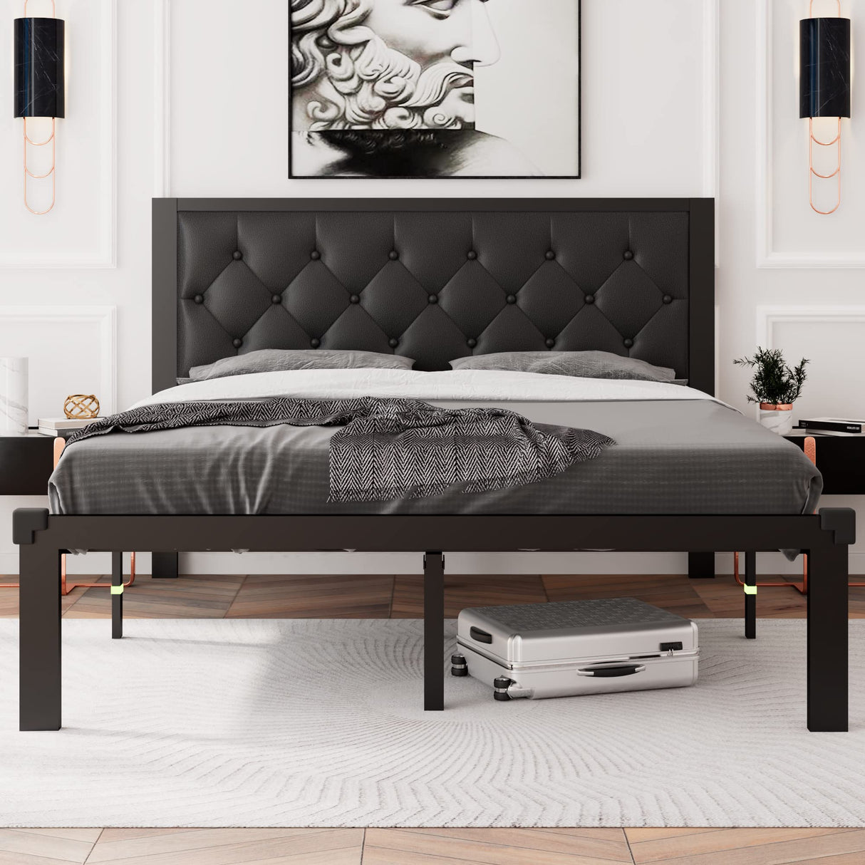 Feonase Queen Size Metal Bed Frame with Faux Leather Button Tufted Headboard, Heavy-Duty Platform Bed Frame with 12" Storage, Steel Slats Support, No Box Spring Needed, Noise Free, Black Feonase