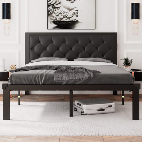 Feonase Queen Size Metal Bed Frame with Faux Leather Button Tufted Headboard, Heavy-Duty Platform Bed Frame with 12" Storage, Steel Slats Support, No Box Spring Needed, Noise Free, Black Feonase
