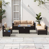 Gotland 8 Pieces Patio Furniture Set with 55000BTU Fire Pit Table, 6 Seater Wicker Patio Set with 29.5'' High Backrest Thick Cushions 1 Coffee Tables for Porch, Deck, Garden Khaki Gotland