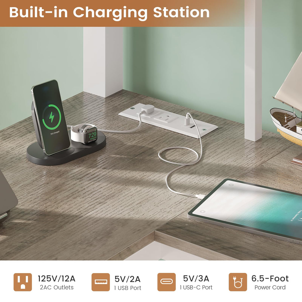 VIAGDO Loft Bed Twin Size with Hall Tree, Charging Station and LED Lights, Twin Loft Bed with L-Shaped Desk, 5 Storage Drawers, Heavy Duty Twin Size Bed with Stairs, No Box Spring Needed, White VIAGDO