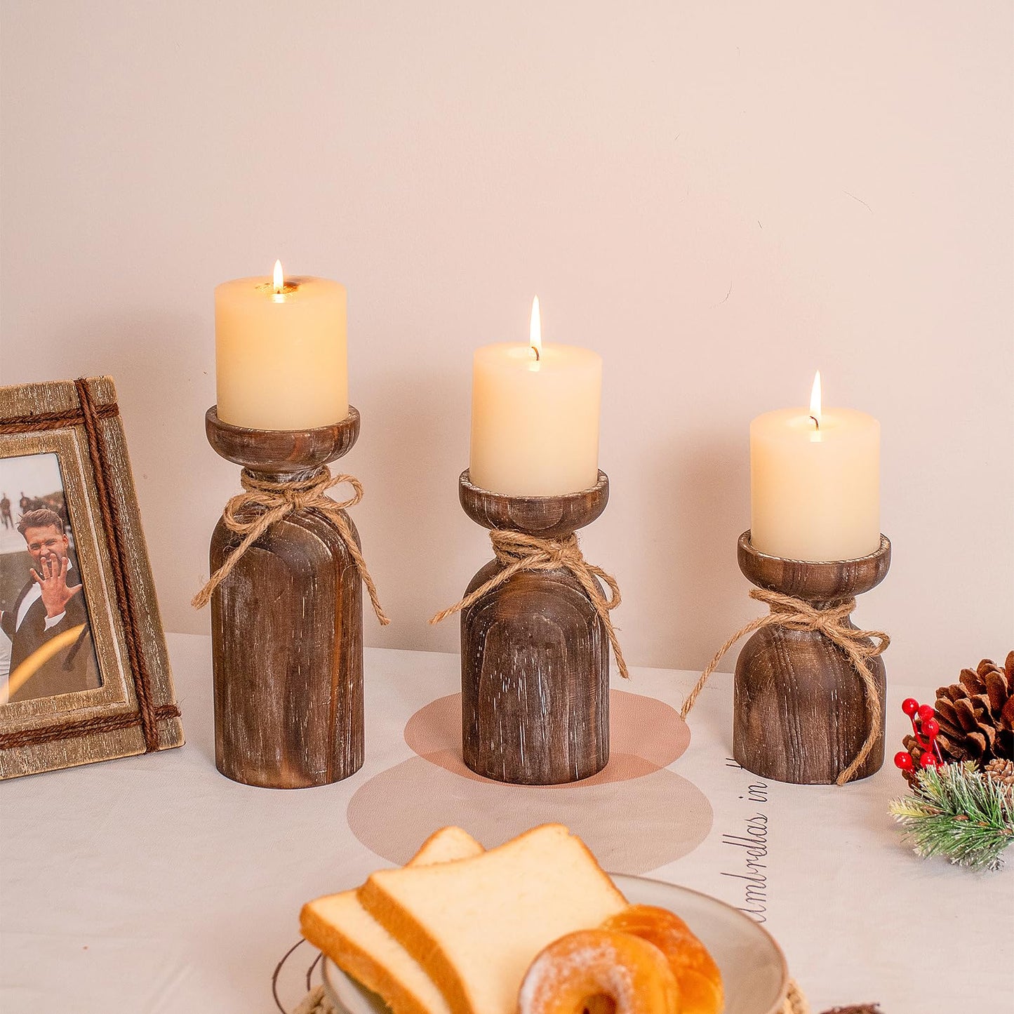 Farmhouse Wooden Candle Holders for Pillar Candles, Brown Distressed Set of 3 Rustic Wood Pillar Wood Candle Stands with Hemp Rope Bow Table Centerpiece Decor for Fireplace, Living, and Dinin - WoodArtSupply