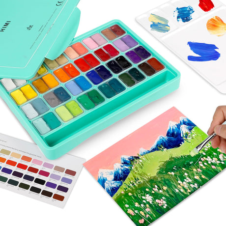 HIMI Gouache Paint Set, 48 Colors x 0.4oz, Twin Cup Jelly Design, bouns 3 Brushes & a Palette, Non-Toxic, Opaque Guache Paint for Canvas and Watercolor Paper - Perfect for Beginners, Students, Artists ABEIER
