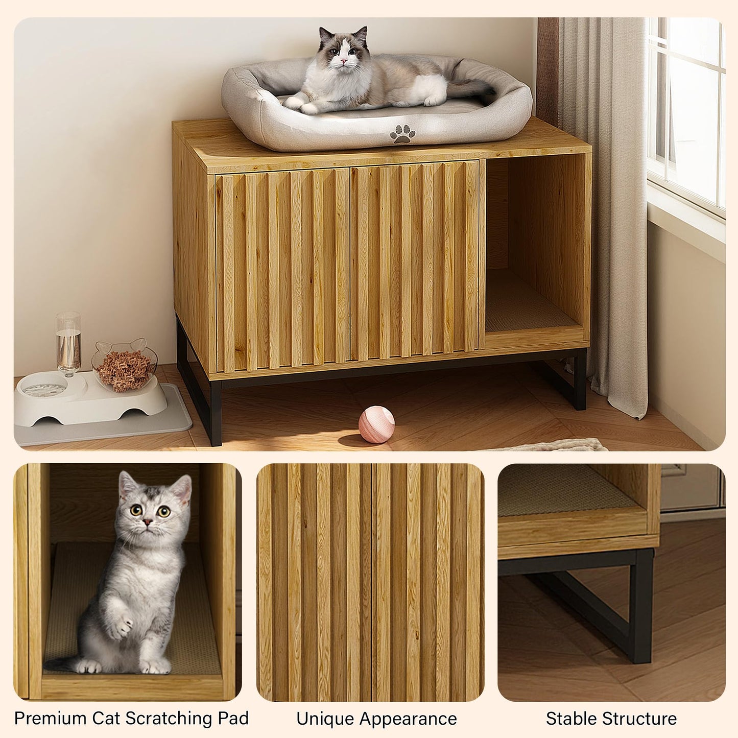 Fienveorn Litter Box Enclosure,Modern Cat Litter Box Enclosure Furniture Hidden Litter Box with Cat Scratch Pad, Cat Washroom Cat House End Table, Entryway Bench for Livingroom (Natural) - WoodArtSupply