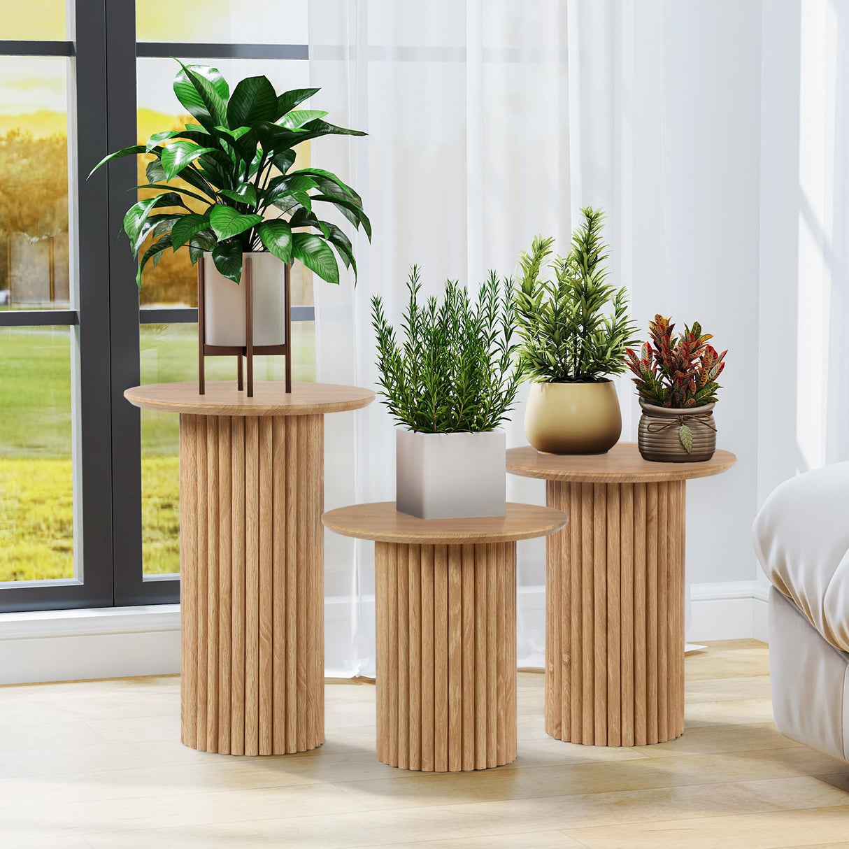 Bifins Round Nesting Coffee Table Set of 3,Mid Century Modern Fluted Coffee and End Table Set,Small Circle Wooden Side Table Drink Table for Living Room (Natural) Bifins