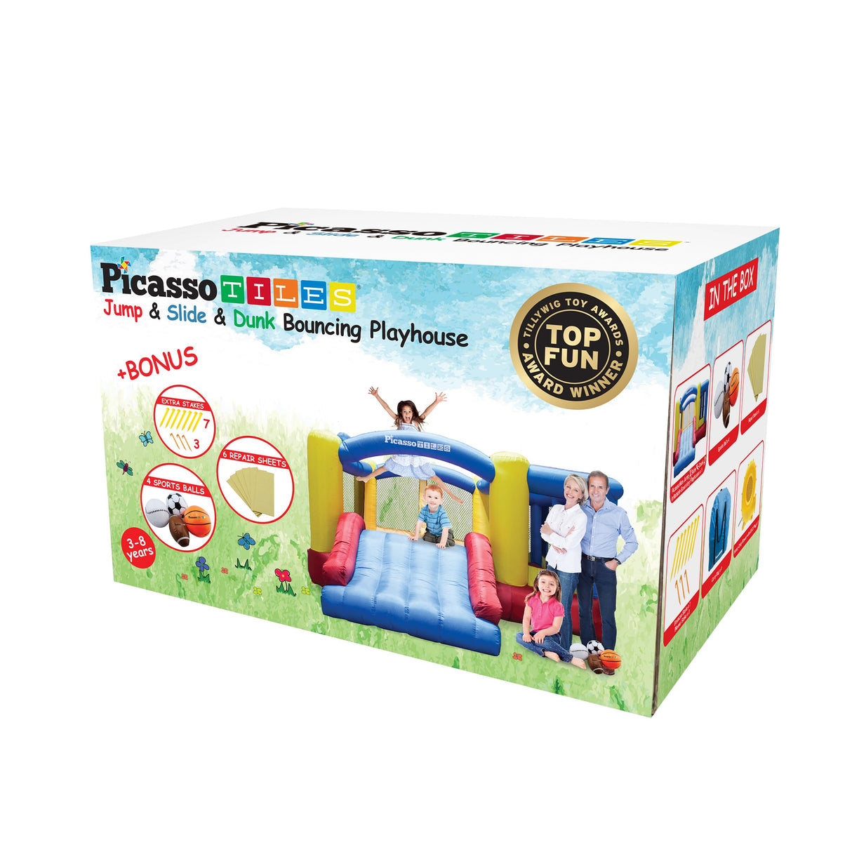 [Upgrade Version] PicassoTiles KC102 12x10 Foot Inflatable Bouncer Jumping Bouncing House, Jump Slide, Dunk Playhouse w/Basketball Rim, 4 Sports Balls, Full-Size Entry, 580W ETL Certified Blower PicassoTiles