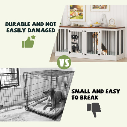 70.9 inch Double Dog Crate Furniture, Furniture Style Dog Crate Table, Wood Crates for Dogs Kennel Indoor with Removable Divider, XXL Heavy Duty Decorative Dog Crate Table for 2 Dogs (White)