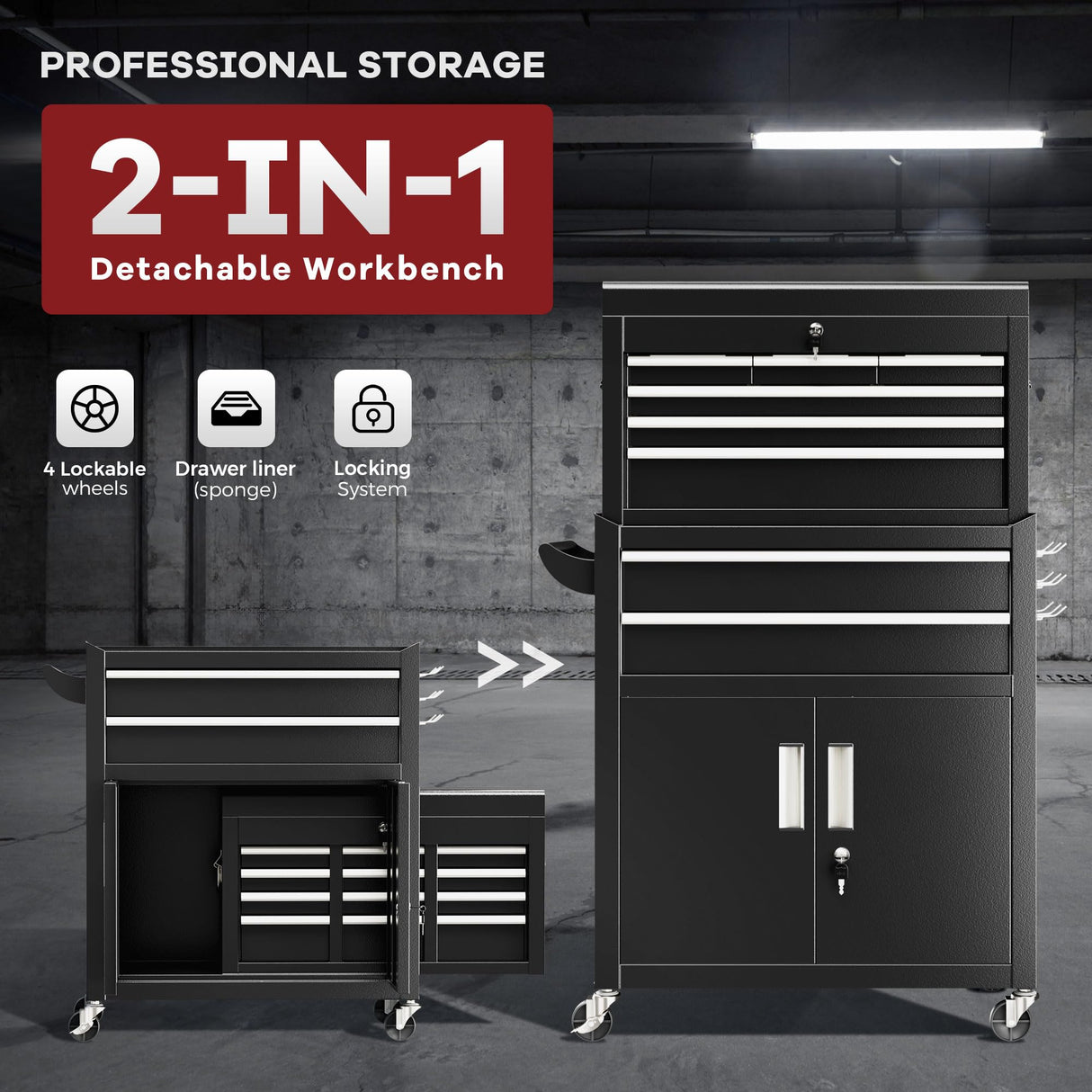 Bonusall 8 Drawer Rolling Tool Chest and Cabinet Combo,Heavy-Duty Metal Garage Tool Chest with Wheels and 2 Doors,2-in-1 Top Box and Roller Cabinet Combo for Garage, Workshop, Warehouse-Black Bonusall