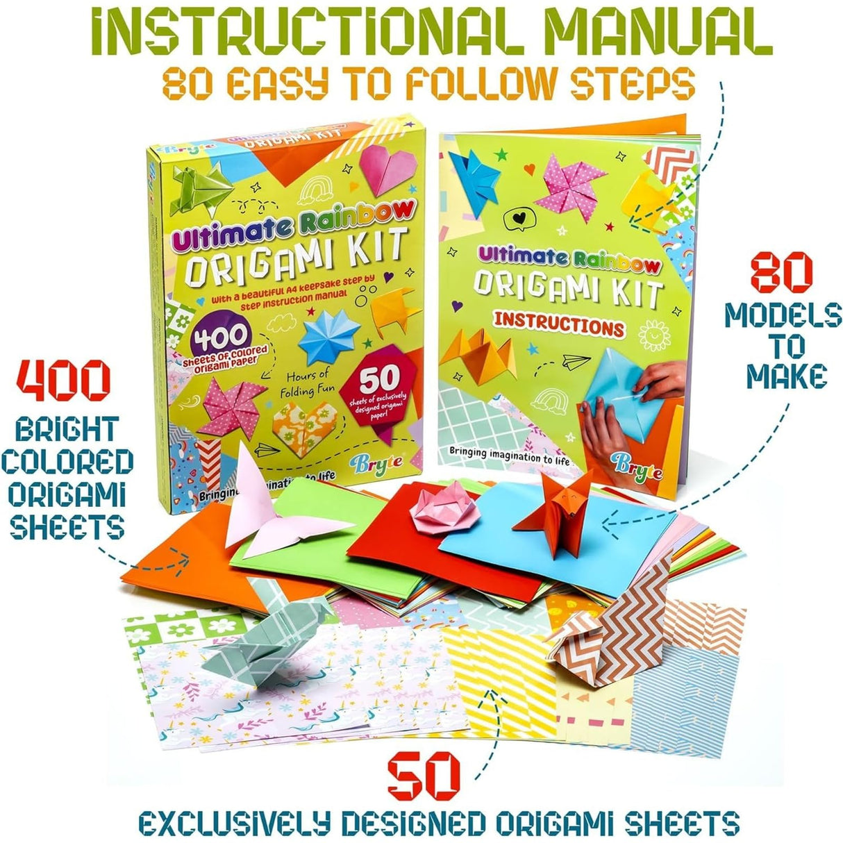 BRYTE Ultimate Rainbow Origami Kit with 450 Fun Colorful Papers, Gift-Ready Crafts for Girls Kids Ages 8-12 BRYTE