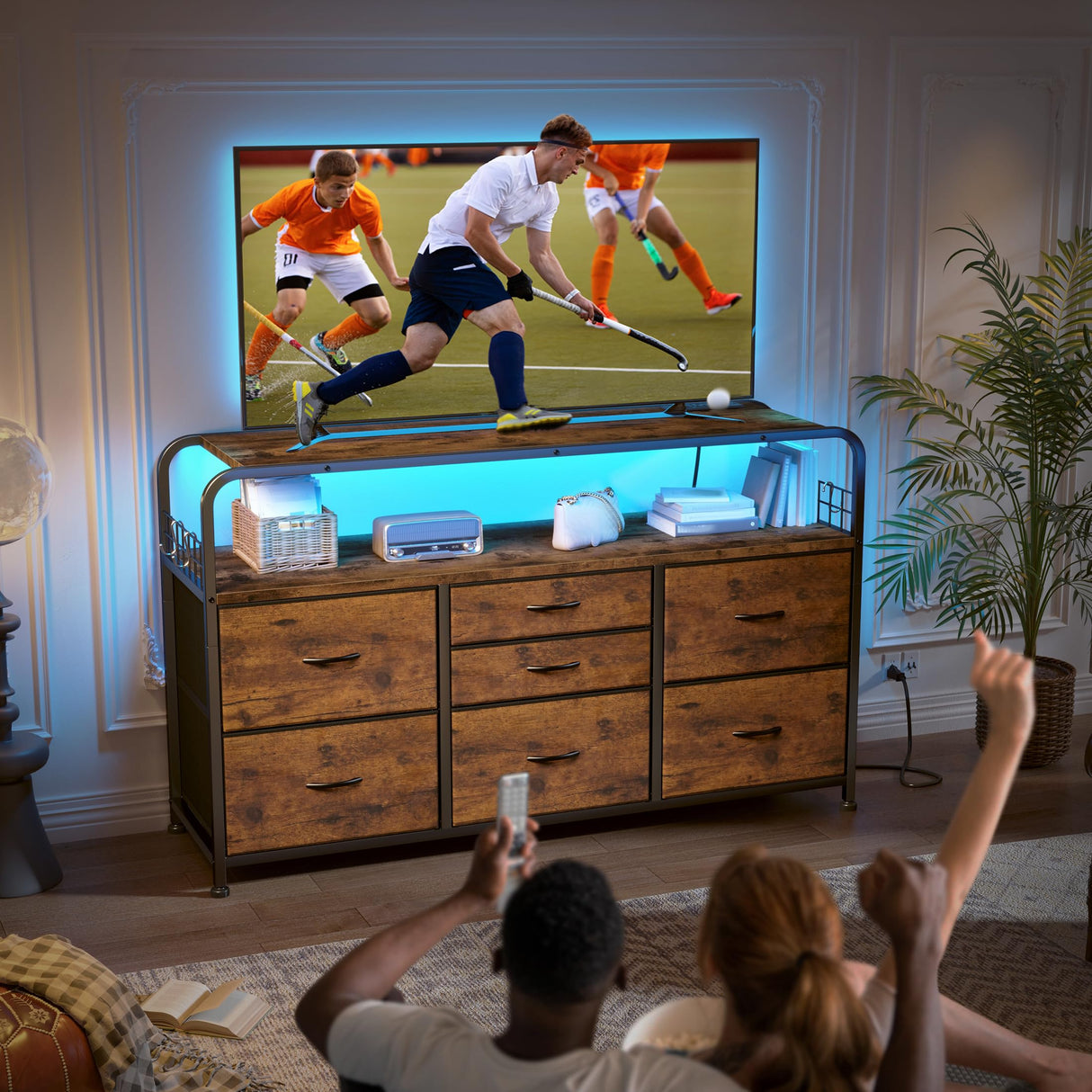 EnHomee Dresser for Bedroom with LED Lights & Charging Station, 7 Drawer Dresser with Open Shelf, Fabric Bedroom Dressers & Chest of Drawers for Closet, Entryway, Hallway, 4 Hooks, Rustic Brown EnHomee