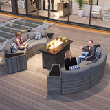 Restland Outdoor Half Moon Patio Furniture Set with Fire Pit Table, Grey Rattan Curved Patio Sectional Sofa, Wicker Conversation Set Restland