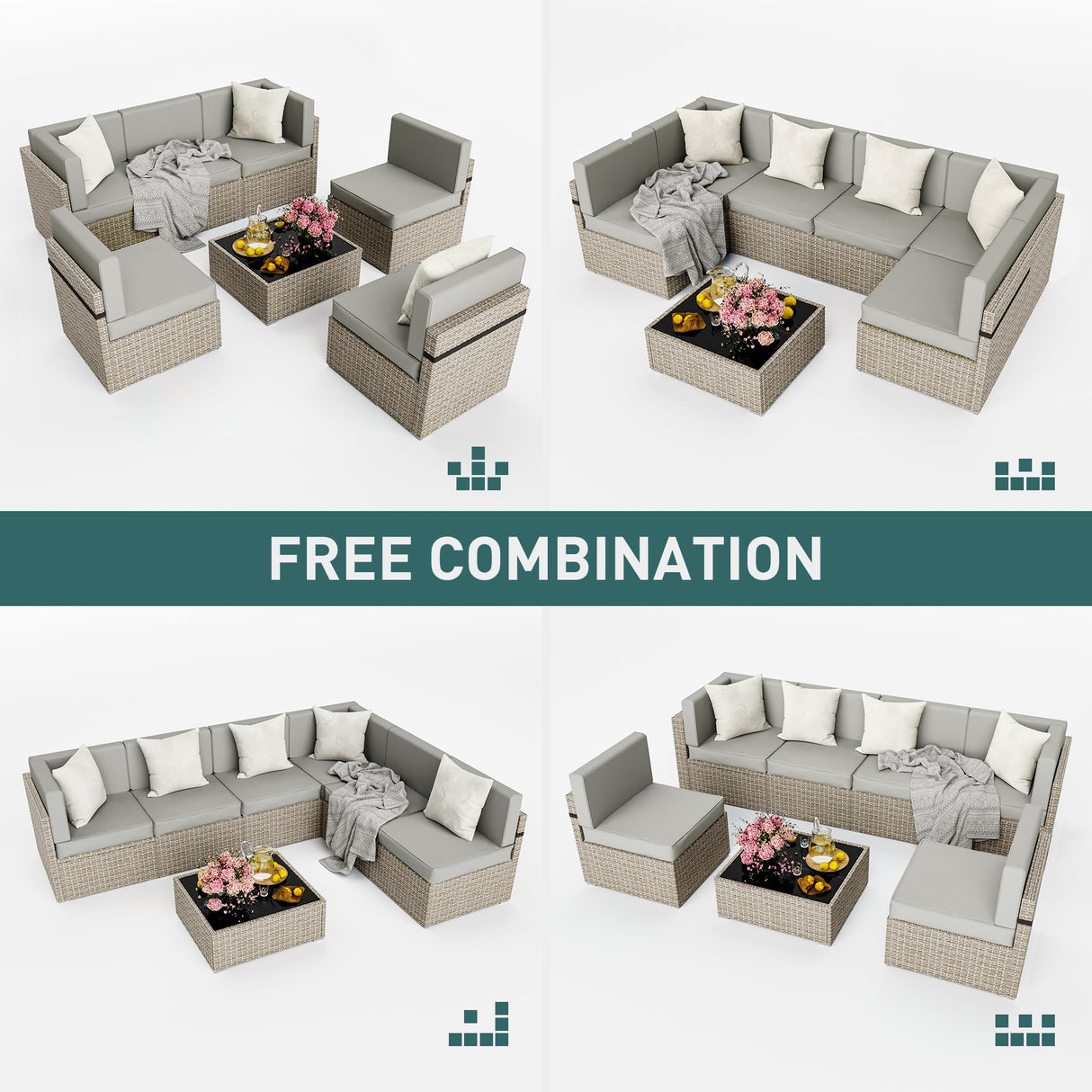 Pamapic 7 Pieces Outdoor Sectional Furniture, Wicker Patio sectional Furniture Sets, All-Weather Rattan Patio Conversation Set with Washable Cushions Covers, Gray Rattan(Gray Cushions) Pamapic