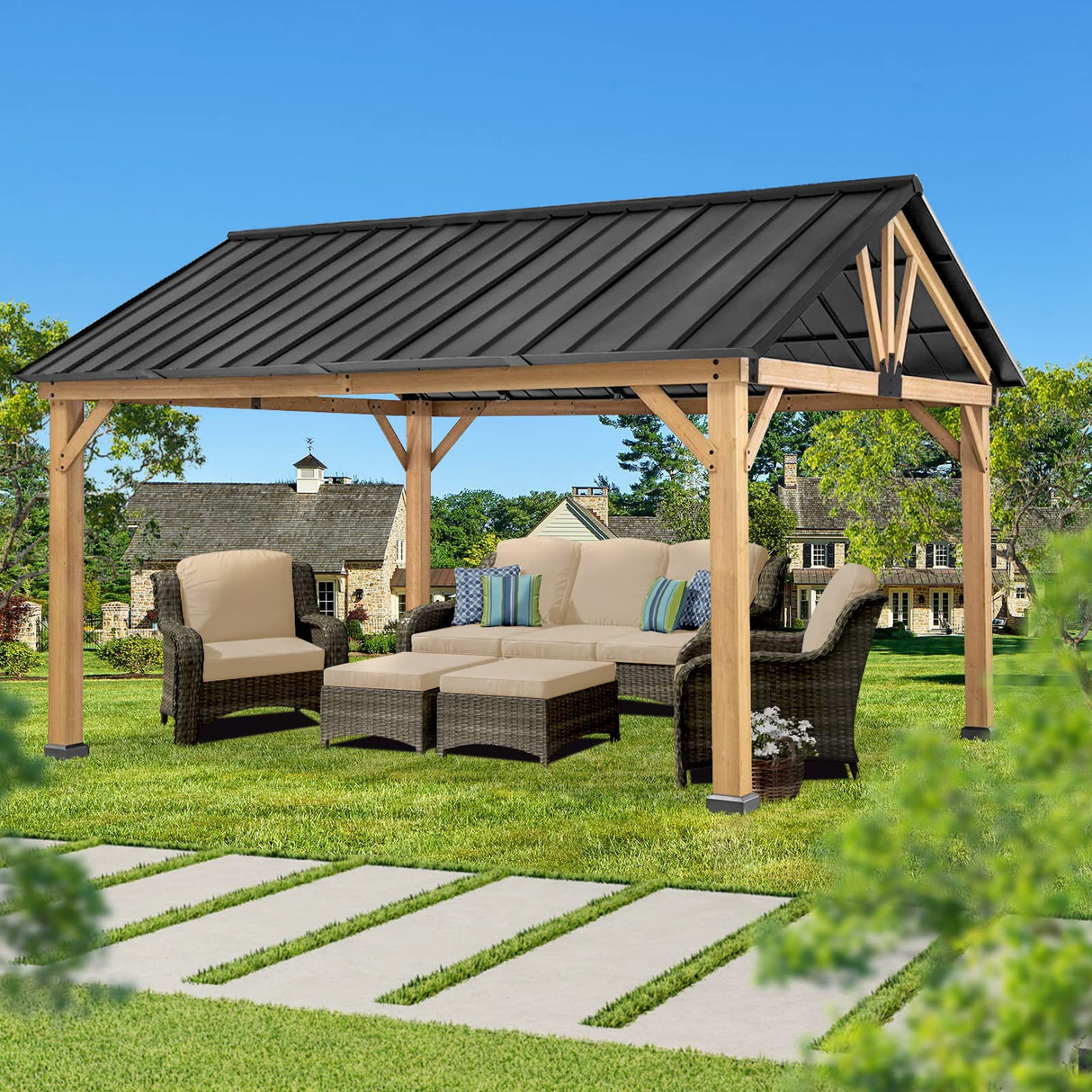 Gardenbee Wood Gazebo 13 x 11 ft. Wood Patio Gazebo Cedar Framed Gazebo with Steel Frame Gable Roof Hardtop Gazebo for Patio, Garden, Lawns, Parties Gardenbee