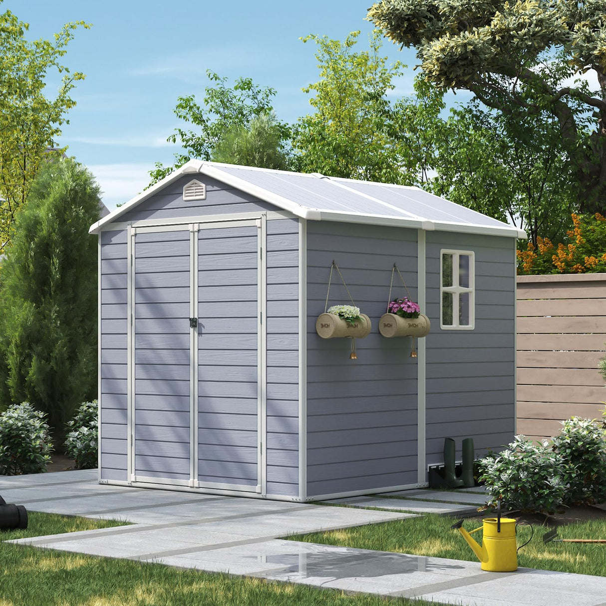 Aoxun 6X8 FT Resin Outdoor Storage Shed with Floor, Plastic Garden Shed with Lockable Door and Window, Tools House to Store Patio Furniture, Bike Accessories, Garbage Can and Lawn Mower - Grey Aoxun