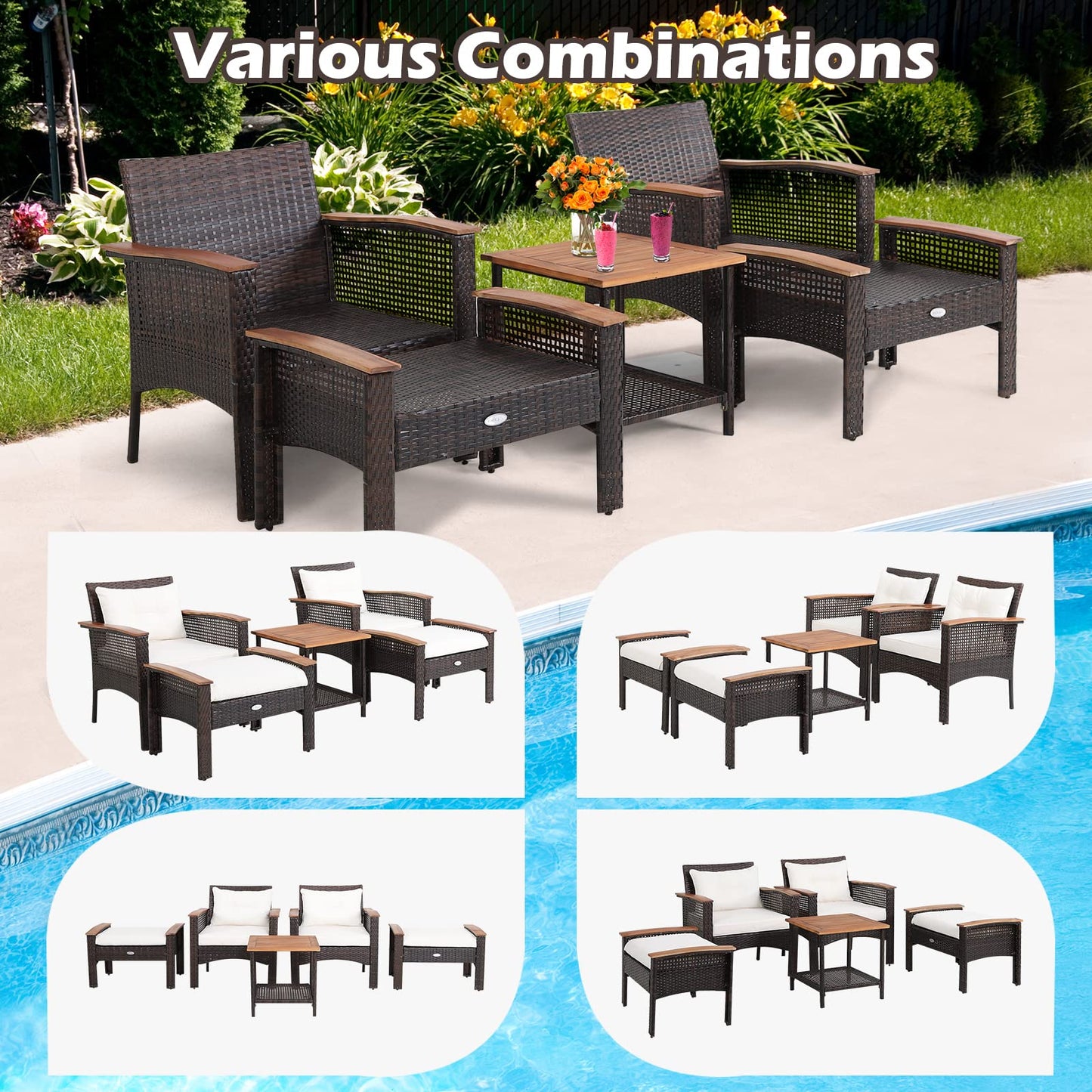 Tangkula 5 Pieces Wicker Patio Furniture Set, Patiojoy Outdoor Acacia Wood Cushioned Conversations Set with Ottomans and Storage Table, for Porch, Garden,Deck and Poolside (Off White) - WoodArtSupply