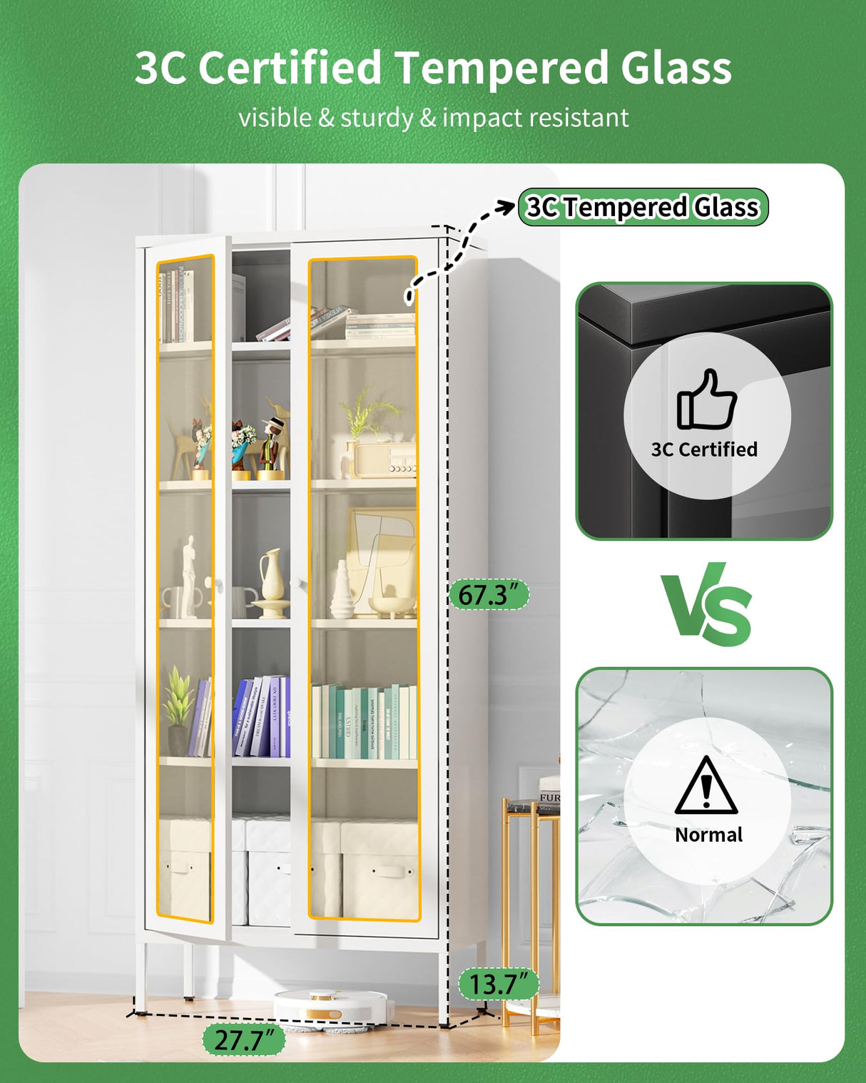 Bonusall Display Cabinet with Glass Doors,67” Metal Display Curio Cabinet with Glass Doors and 4 Adjustable Shelves for Collectibles,Home Office,Living Room,Gaming Room(White) Bonusall