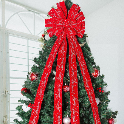 Christmas Tree Topper Christmas Wreath Bow, 52 * 13 inches Tree Toppers Bow with Letter Patterned Ribbon for Xmas Tree Christmas Rustic Farmhouse Home Holiday Party Decorations Red