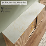 T4TREAM 60" Fluted Dresser with Sliding Doors and 4 Drawers, Modern Chest w/Faux Marble Top, Curved Profile Design, Dresser TV Stand, Wood Drawer Organizer for Bedroom, Living Room, Natural Oak T4TREAM