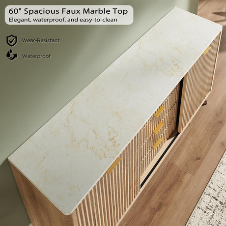 T4TREAM 60" Fluted Dresser with Sliding Doors and 4 Drawers, Modern Chest w/Faux Marble Top, Curved Profile Design, Dresser TV Stand, Wood Drawer Organizer for Bedroom, Living Room, Natural Oak T4TREAM