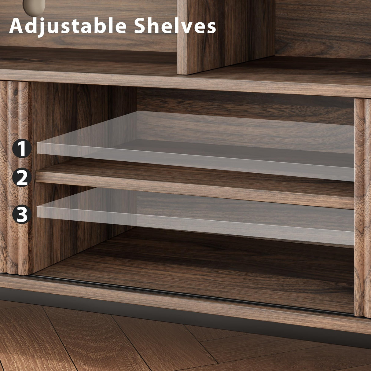 GarveeHome Fluted TV Stand for 75 Inch, Boho Entertainment Center with Sliding Doors, Wood Media Cabinet Furniture with Adjustable Shelves for Living Room Bedroom, Walnut GarveeHome