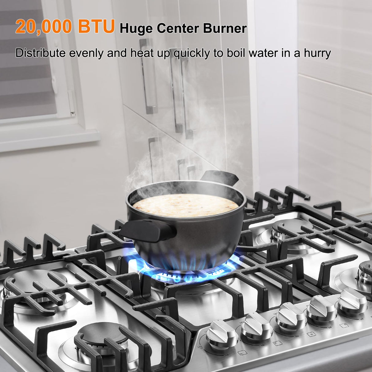 30 Inch Bulit-In Gas Cooktop with Griddle, 5 Italy SABAF Powerful Burners Over 92% High Efficiency, Max 48300BTU Gas Stove Top, 304 Stainless Steel Panel, NG/LPG Convertible, CSA Certified Amzgachfktch
