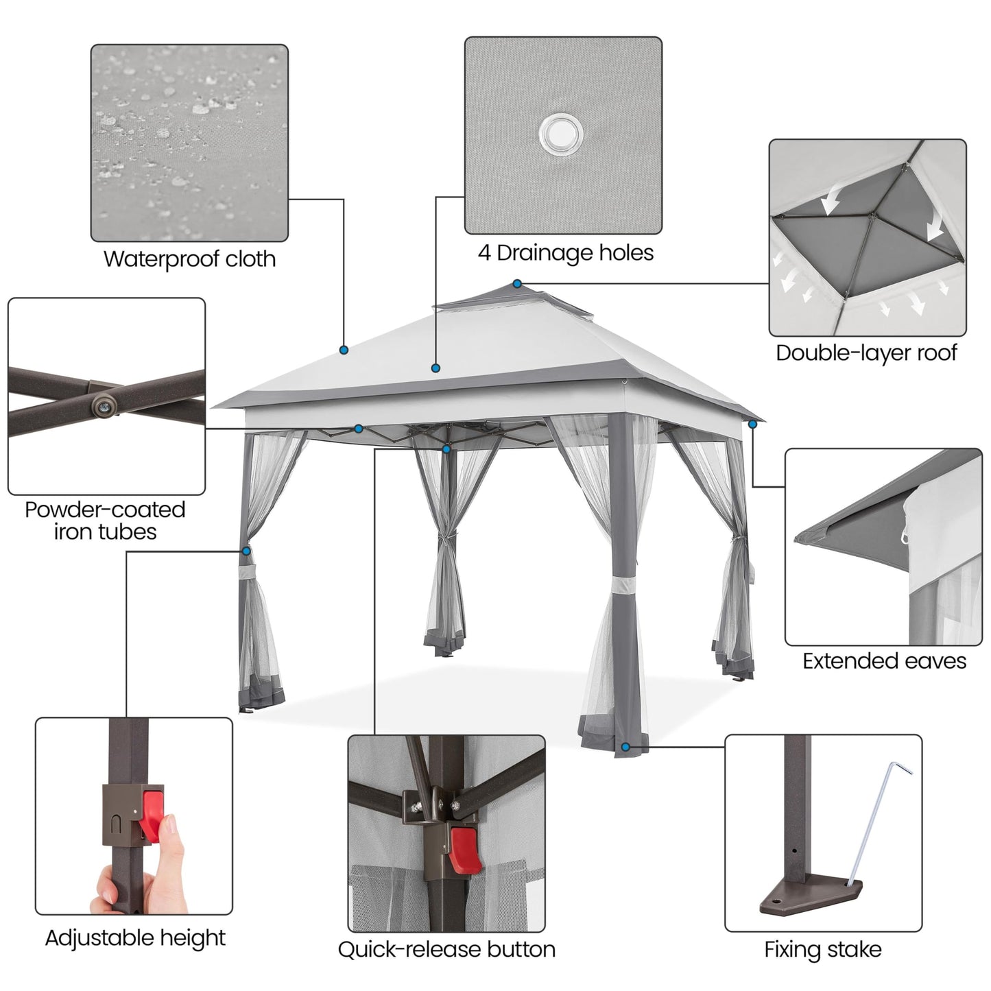 Yaheetech 11x11 Pop Up Gazebo Outdoor Canopy Shelter, Instant Patio Gazebo Sun Shade Canopy Tent with 4 Sandbags, 2 Tiers Roof & Mesh Netting for Lawn, Garden, Backyard & Deck, Gray - WoodArtSupply