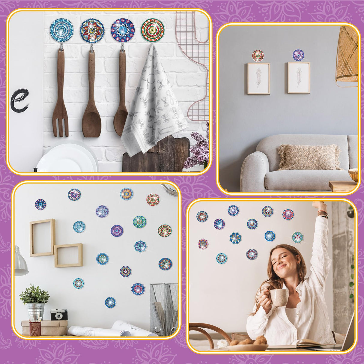 Saillong 24 Pcs Mandala Flower Diamond Painting Kit with Hooks Key Holder Adults Mandala Flower Art for Wall Decor DIY Decorations Diamond Art Painting Sticky Hooks for Towel Kitchen Decoration Saillong