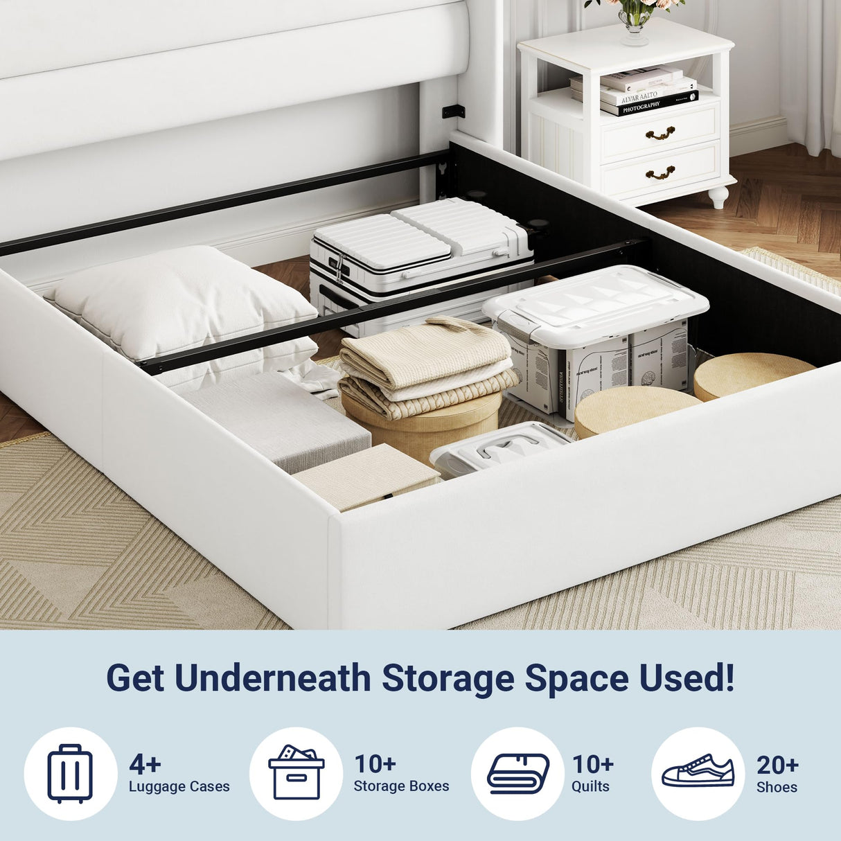 Allewie Queen Size Velvet Lift Up Storage Bed, Modern Wingback Headboard, Hydraulic Support, No Box Spring Needed, White Allewie