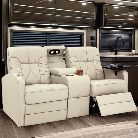 Qualitex De Leon RV Loveseat w/Storage Console, Ultimate Leather, Heat and Massage, Power Recline, Bisque Qualitex