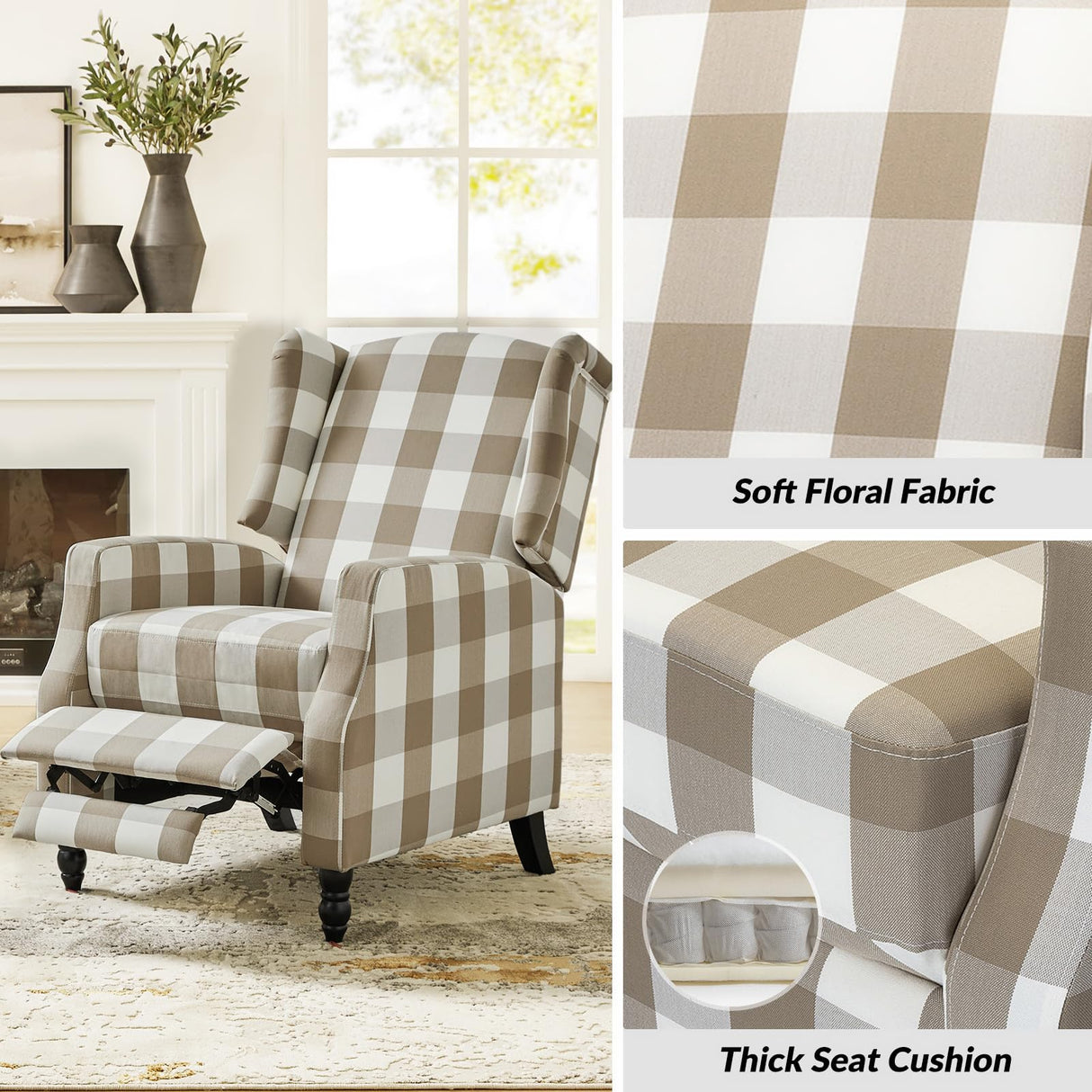 Upholstered Wingback Recliner Chair, Traditional Push Back Recliner Sofa, Mid Century Modern Lounge Armchair for Living Room, Home Theater Accent Chairs Recliners Couches (Beige) TINA'S HOME