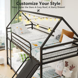YIORTWO Twin-Over-Twin Low Metal Bunk Bed with Convertible Slide, Montessori Floor Bunk Bed Frame with Curved Edges Guardrail, Heavy Duty Metal Bed with House Shape and Roof for Kids, Black YIORTWO