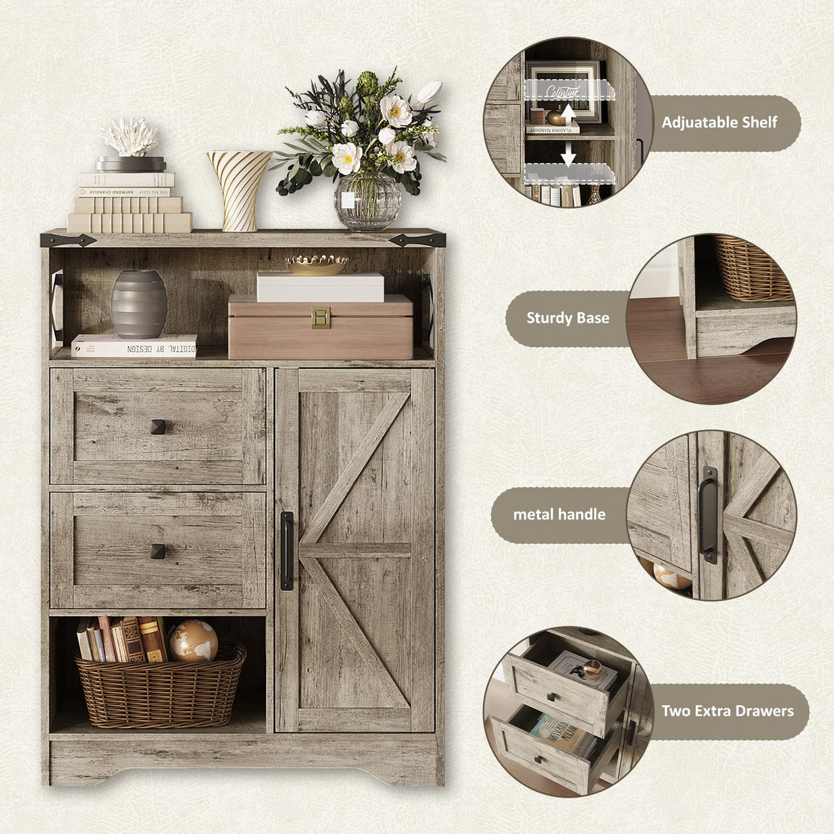 Fameill Farmhouse Storage Cabinet with 2 Drawers&Shelves,Freestanding Storage Cabinet with Doors&Open Storage,Floor Storage Cabinet for Living Room,Bathroom,Kitchen,Laundry,Light Rustic Oak Fameill