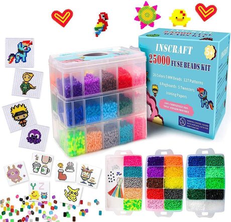 25,000 pcs Fuse Beads Kit 26 Colors 5MM, Including 127 Patterns, 4 Big Square, 1 Heart Pegboards, 1 Flower Ironing Paper, Tweezers, Beads Compatible by INSCRAFT INSCRAFT